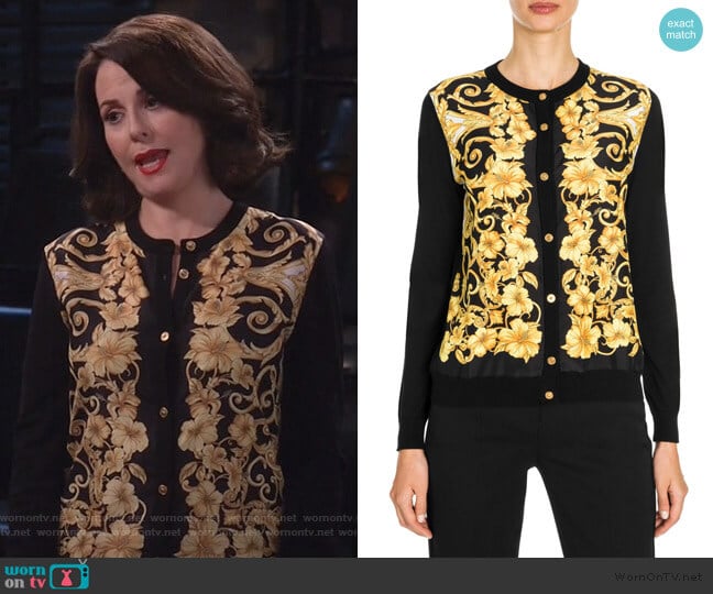 Hibiscus-Print Silk-Front Button-Down Cardigan by Versace worn by Karen Walker (Megan Mullally) on Will and Grace