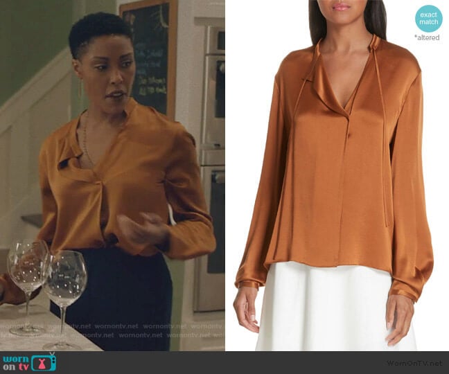 Tie Neck Silk Popover Blouse by Vince worn by Lynn Stewart (Christine Adams) on Black Lightning