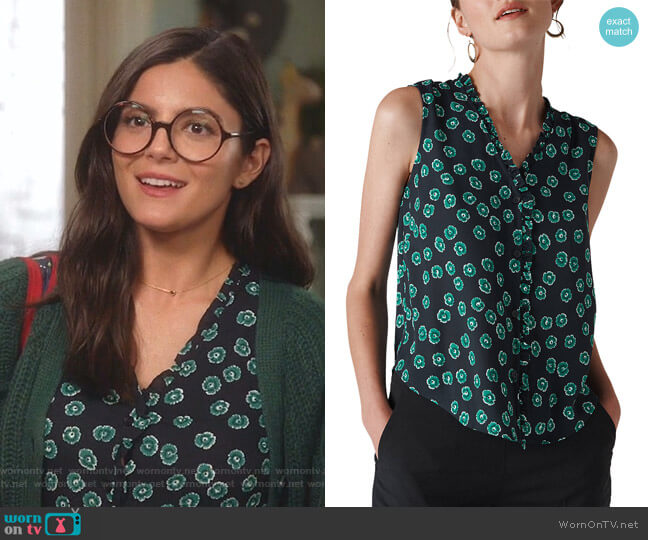 Maddie Lenno Print Frill Top by Whistles worn by Lisa Apple (Monica Barbaro) on Splitting Up Together