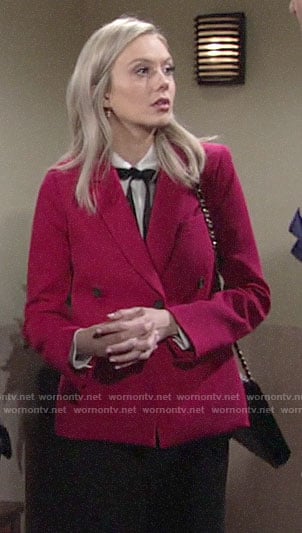 Abby’s pink blazer and white tie neck top on The Young and the Restless