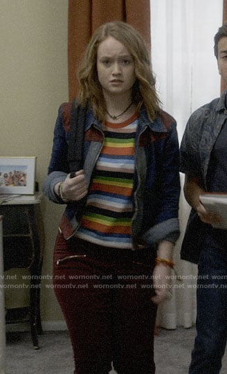 Abby's rainbow striped tee and colorblock denim jacket on Santa Clarita Diet