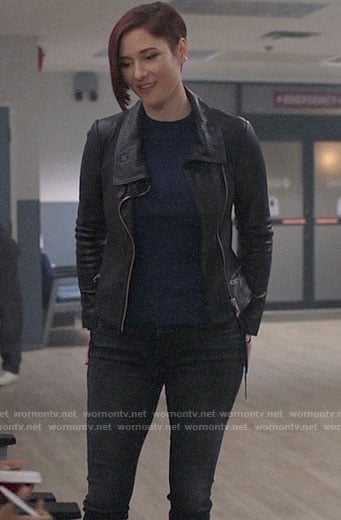 Alex's blue side-tie sweater and leather jacket on Supergirl