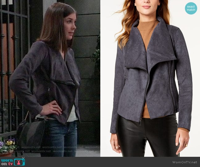 Bcbgeneration Ruffle-Hem Faux-Suede Moto Jacket worn by Willow Tait (Katelyn MacMullen) on General Hospital