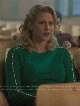 Betty’s green pearl embellished sweater on Riverdale