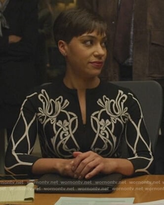 Lucca’s black and white floral knit cardigan on The Good Fight