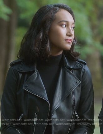 Caitlin's black leather moto jacket on PLL The Perfectionists