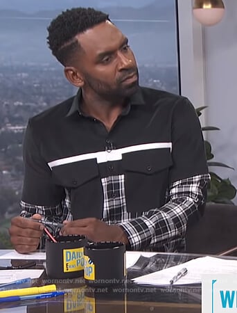 Justin's black plaid colorblock shirt on E! News Daily Pop