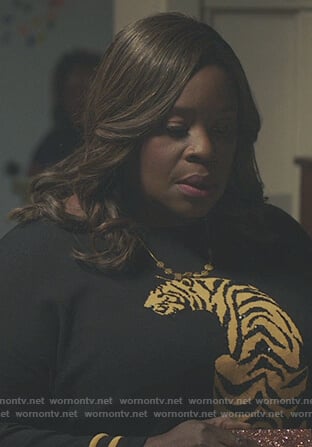 Ruby’s black tiger embellished sweatshirt on Good Girls