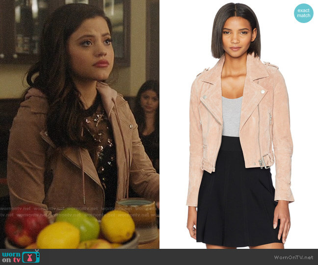 Blank NYC Suede Moto Jacket in Candy Crush worn by Maggie Vera (Sarah Jeffery) on Charmed