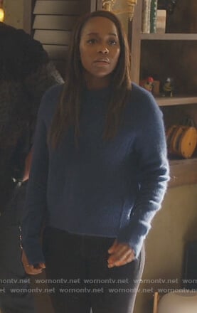 Michaela’s blue button cuff sweater on How to Get Away with Murder