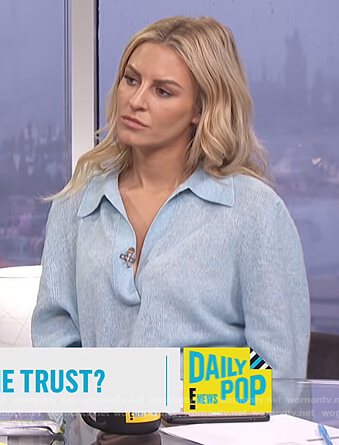 Morgan’s blue collared v-neck sweater on E! News Daily Pop