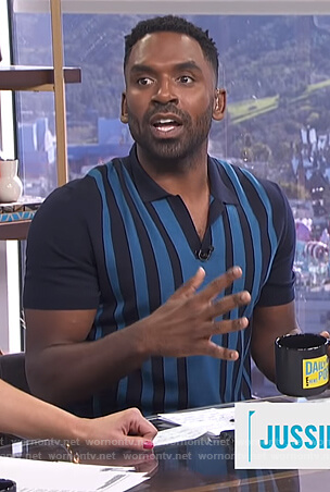 Justin's blue striped polo on E! News Daily Pop