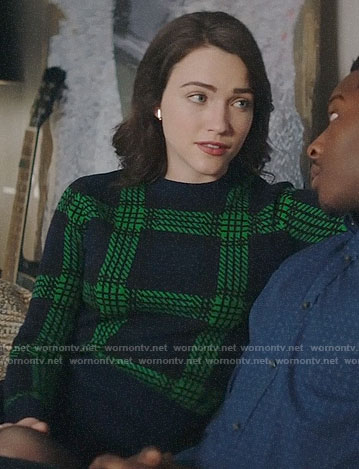 Cara's navy and green checked sweater on God Friended Me
