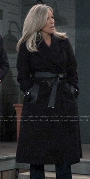 Carly’s black leather trim wrap coat on General Hospital