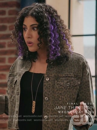 Heather's cropped leopard jacket on Crazy Ex-Girlfriend