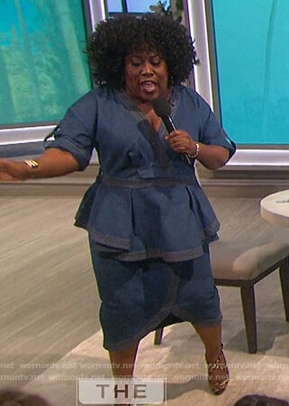 Sheryl’s blue denim peplum dress on The Talk