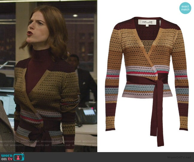 Wrap Pullover with Metallic Thread by Diane von Furstenberg worn by Maia Rindell (Rose Leslie) on The Good Fight