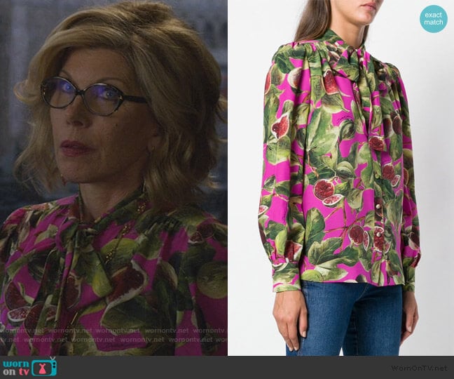 fig print pussy bow shirt by Dolce & Gabbana worn by Diane Lockhart (Christine Baranski) on The Good Fight