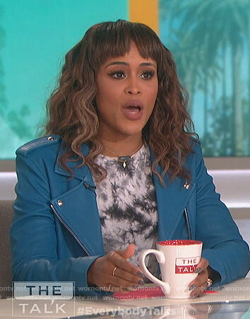 Eve’s blue moto jacket and tie dye tee on The Talk