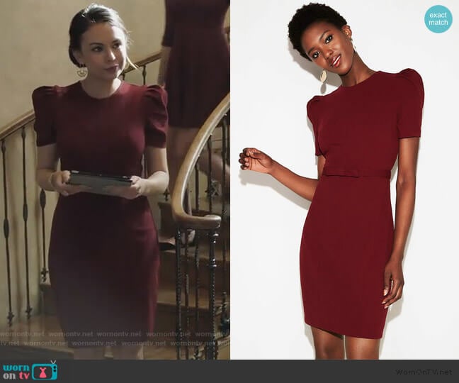 Puff Shoulder Sheath Dress by Express worn by Mona Vanderwaal (Janel Parrish) on Pretty Little Liars The Perfectionists