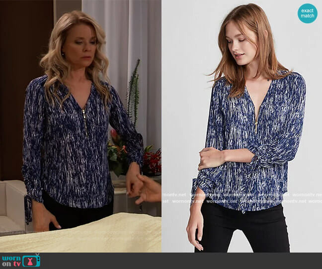 Blue zip front blouse by Express worn by Felicia Scorpio (Kristina Wagner) on General Hospital