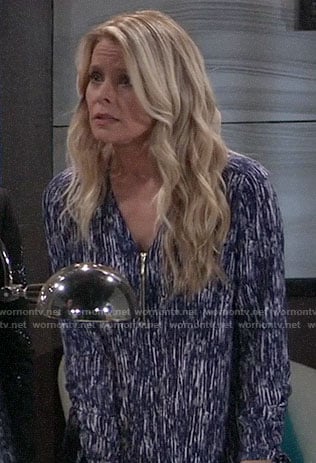 Felicia’s blue printed zip front top on General Hospital