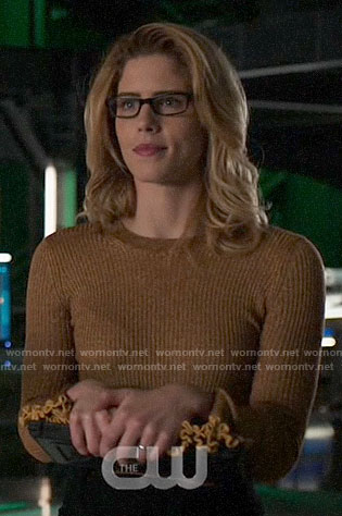 Felicity's mustard yellow ruffle trim sweater on Arrow
