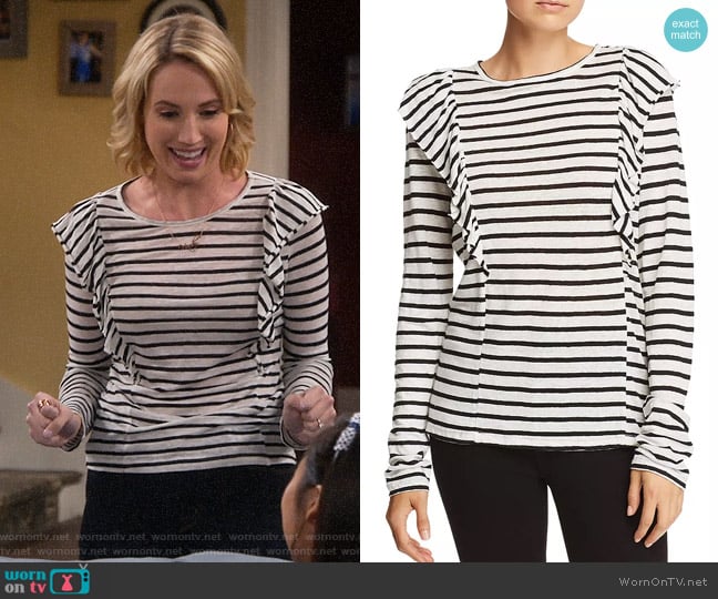 Frame Ruffled Striped Linen Tee worn by Mandy Baxter (Molly McCook) on Last Man Standing