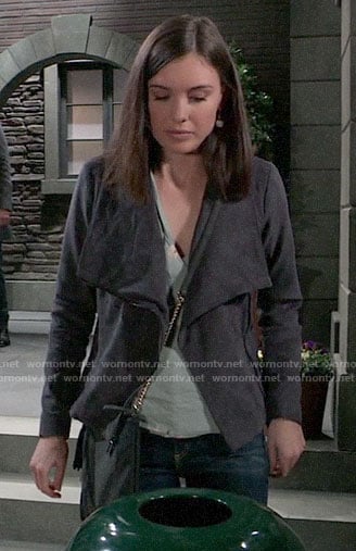 Willow's green floral top and grey suede jacket on General Hospital