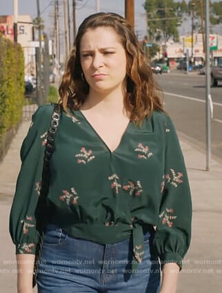 Rebecca’s green floral wrap blouse on Crazy Ex Girlfriend