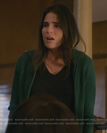 Laurel's green ribbed zip-up cardigan on How to Get Away with Murder