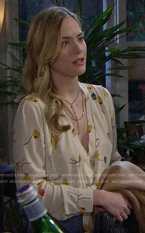 Hope's beige floral blouse on The Bold and the Beautiful