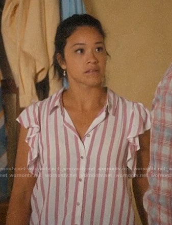 Jane’s pink striped shirt with ruffled sleeves on Jane the Virgin