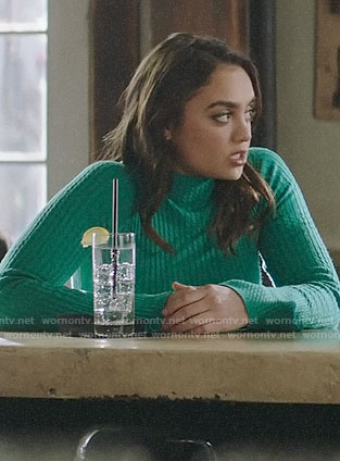 Jaya’s green cable knit bell sleeve sweater on God Friended Me