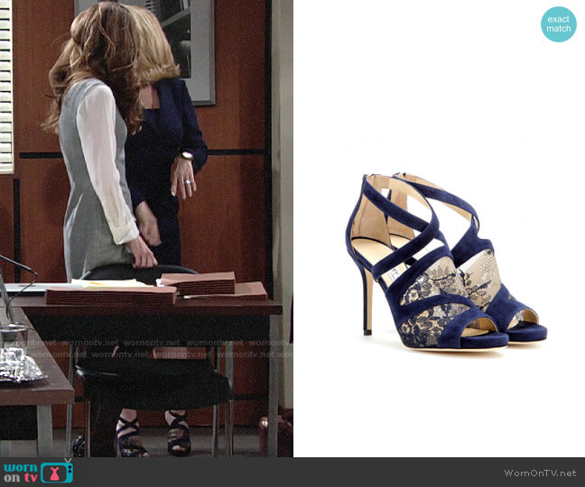 Jimmy Choo Vantage Suede & Lace Sandals worn by Nikki Reed Newman (Melody Thomas-Scott) on The Young and the Restless