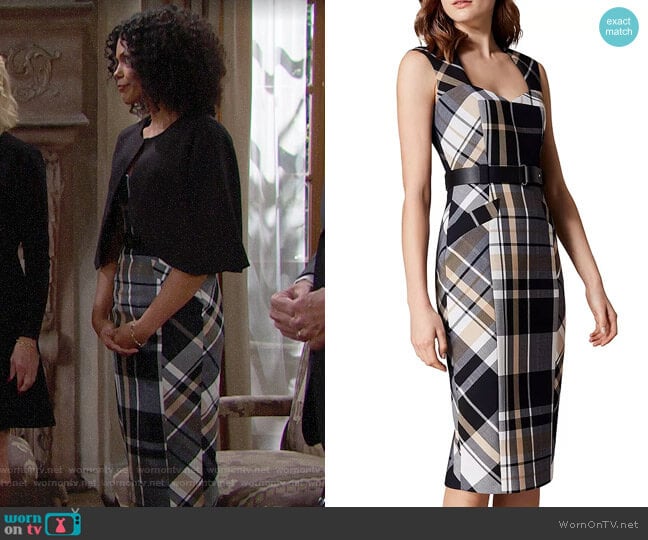 Karen Millen Belted Check Sheath Dress worn by Maya Avant (Karla Mosley) on The Bold and the Beautiful