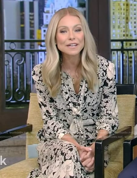 Kelly’s floral tie neck midi dress on Live with Kelly and Ryan