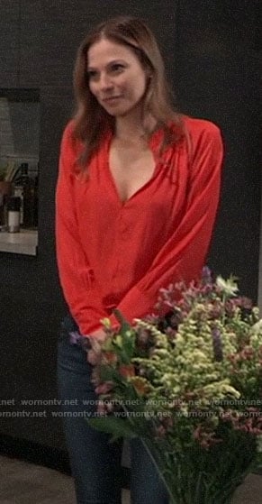 Kim’s red split-neck top on General Hospital