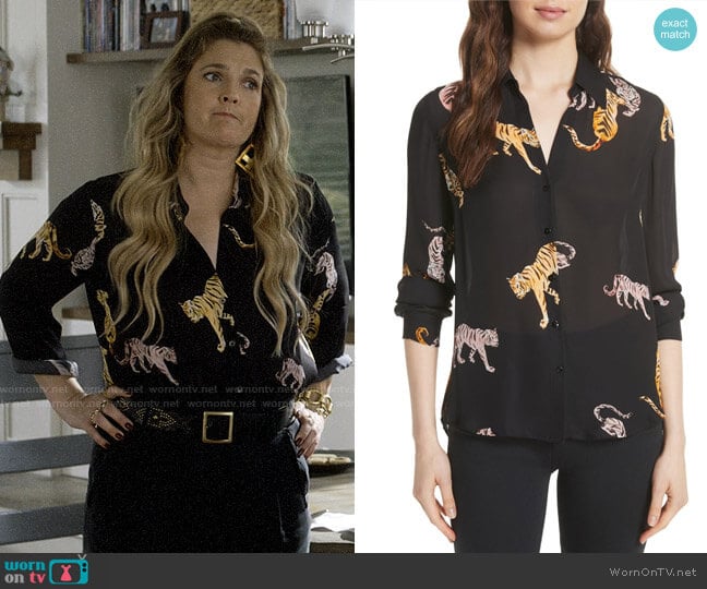 L'Agence Nina Tiger Print Silk Blouse worn by Sheila Hammond (Drew Barrymore) on Santa Clarita Diet