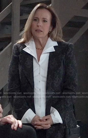 Laura's white double-collar shirt and damask print blazer on General Hospital