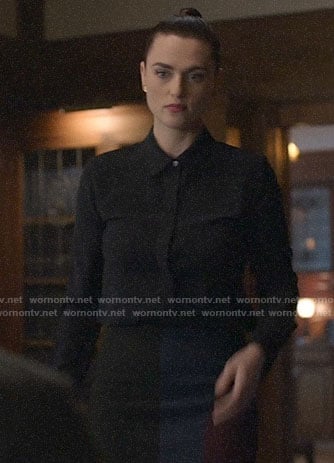 Lena’s black blouse and colorblock skirt on Supergirl