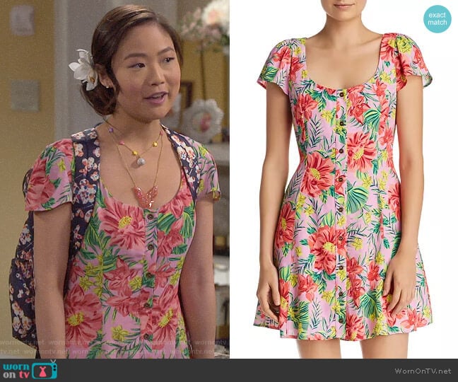 Lost and Wander Mai Tai Tropical Floral Mini Dress worn by Jen (Krista Marie Yu) on Last Man Standing