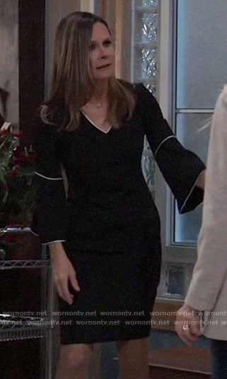 Lucy’s black bell-sleeve dress with white trim on General Hospital