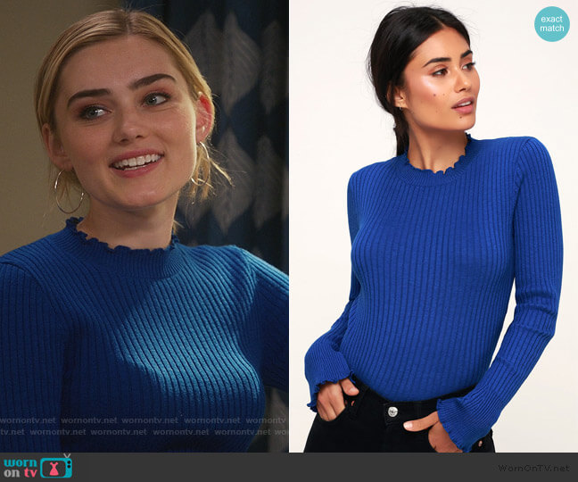 Hannie Cobalt Lettuce Edge Cropped Ribbed Sweater by Lulus worn by Taylor Otto (Meg Donnelly) on American Housewife