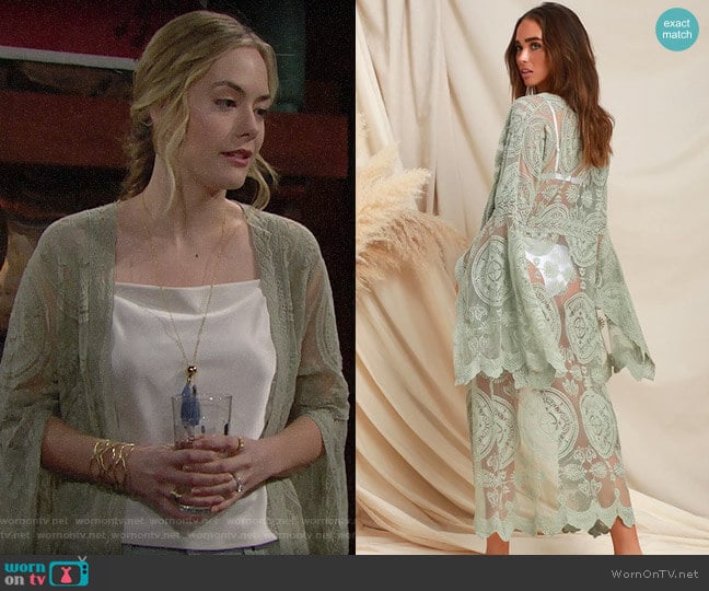 Lulus Livin' Breezy Sage Green Lace Midi Kimono Top worn by Hope Logan (Annika Noelle) on The Bold and the Beautiful