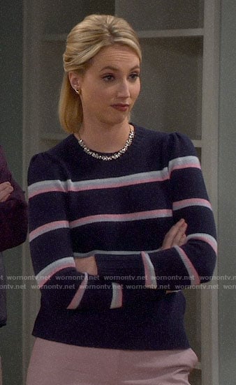 Mandy’s navy and pink striped sweater on Last Man Standing