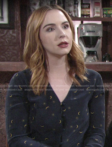 Mariah’s navy moon print top on The Young and the Restless