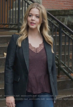Ali’s maroon lace trim cami on PLL The Perfectionists