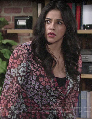 Mia's floral wrap top on The Young and the Restless