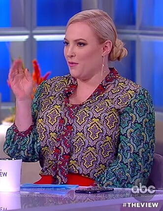 Meghan’s mixed print tie neck blouse on The View